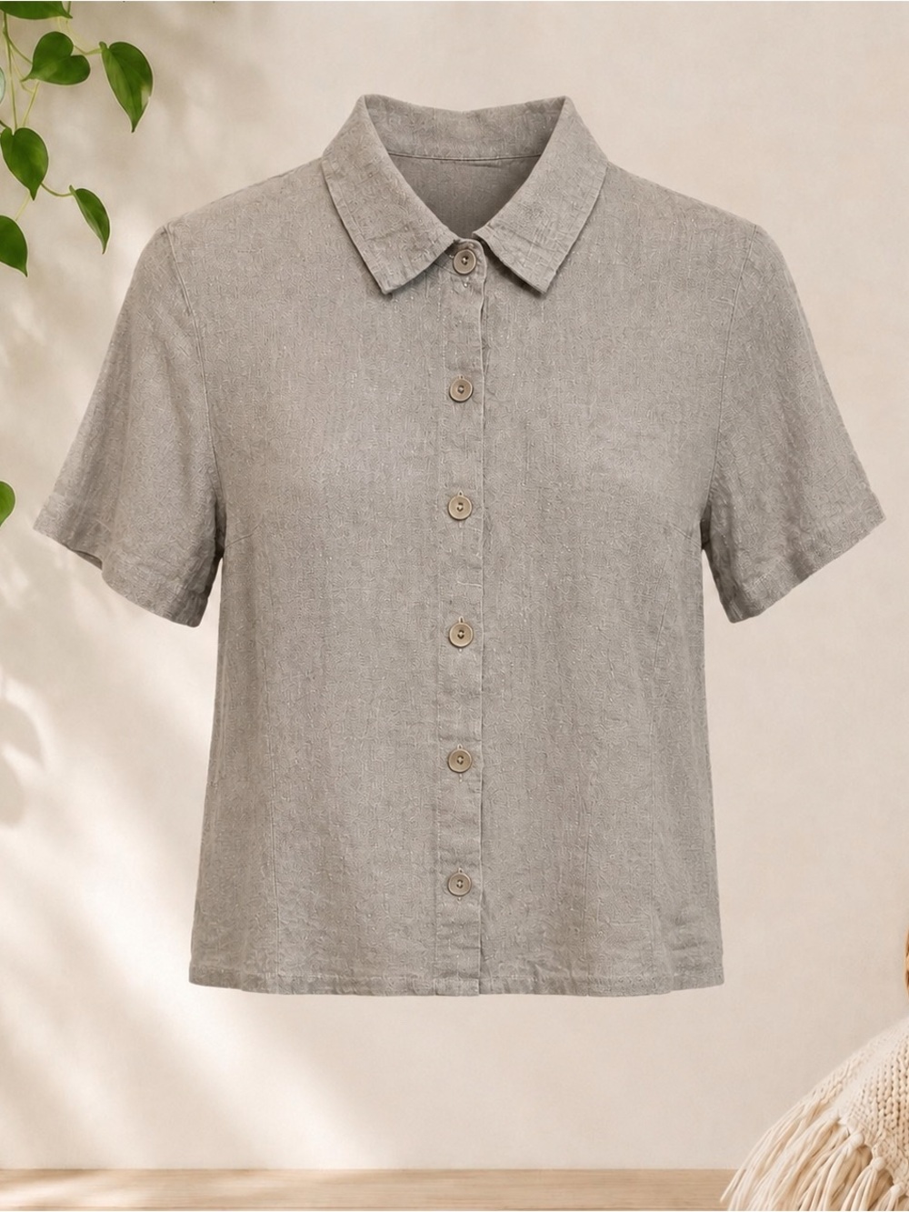 Flax 100% Linen Short-Sleeve  Button-Front Top - Light Brown
